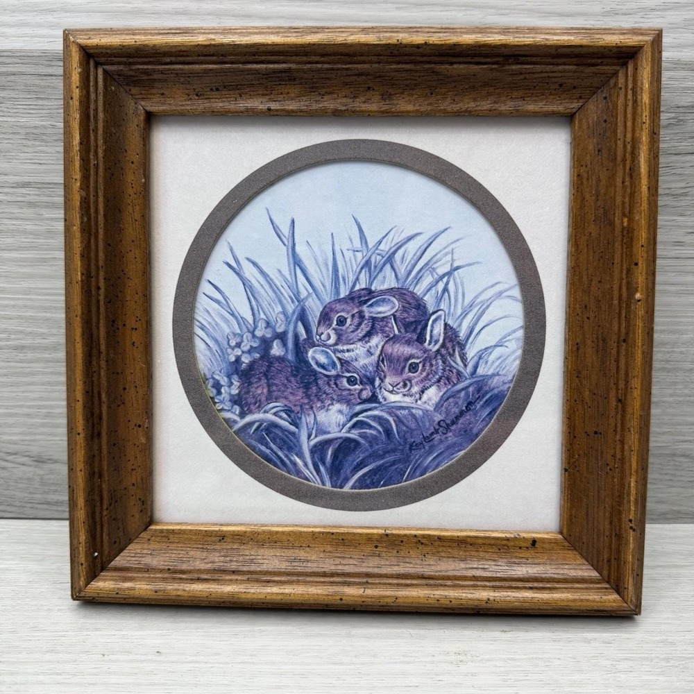 Bunny Rabbit Print Framed Wildlife Art Nursery Cottagecore Decor Signed VTG